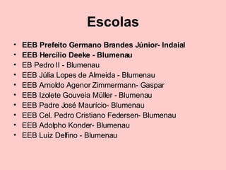 Escolas EEB Prefeito Germano Brandes Júnior- Indaial EEB Hercílio Deeke - Blumenau EB Pedro II - Blumenau EEB Júlia Lopes de Almeida - Blumenau EEB Arnoldo Agenor Zimmermann- Gaspar EEB Izolete Gouveia Müller - Blumenau EEB Padre José Maurício- Blumenau  EEB Cel. Pedro Cristiano Federsen- Blumenau EEB Adolpho Konder- Blumenau EEB Luiz Delfino - Blumenau 