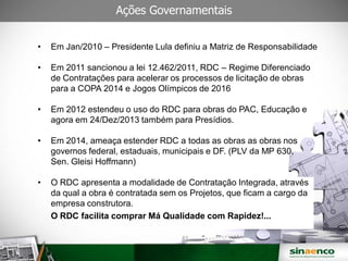 Ações Governamentais
• Em Jan/2010 – Presidente Lula definiu a Matriz de Responsabilidade
• Em 2011 sancionou a lei 12.462/2011, RDC – Regime Diferenciado
de Contratações para acelerar os processos de licitação de obras
para a COPA 2014 e Jogos Olímpicos de 2016
• Em 2012 estendeu o uso do RDC para obras do PAC, Educação e
agora em 24/Dez/2013 também para Presídios.
• Em 2014, ameaça estender RDC a todas as obras as obras nos
governos federal, estaduais, municipais e DF. (PLV da MP 630,
Sen. Gleisi Hoffmann)
• O RDC apresenta a modalidade de Contratação Integrada, através
da qual a obra é contratada sem os Projetos, que ficam a cargo da
empresa construtora.
O RDC facilita comprar Má Qualidade com Rapidez!...