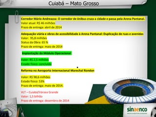 
Cuiabá – Mato Grosso
Corredor Mário Andreazza: O corredor de ônibus cruza a cidade e passa pela Arena Pantanal.
Valor atual: R$ 46 milhões
Prazo de entrega: abril de 2014
Adequação viária e obras de acessibilidade à Arena Pantanal: Duplicação de ruas e avenidas
Valor: 95,8 milhões
Status da Obra: 65 %
Prazo de entrega: maio de 2014
Implantação do Módulo Operacional
Valor: R$ 2,5 milhões
Estado físico: concluído
Reforma no Aeroporto Internacional Marechal Rondon
Valor: R$ 98,6 milhões
Estado físico: 53%
Prazo de entrega: maio de 2014.
VLT – Cuiabá/Várzea Grande
Valor: 1,5 bilhão
Prazo de entrega: dezembro de 2014