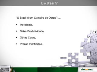 “O Brasil é um Canteiro de Obras” !...
Ineficiente,
Baixa Produtividade,
Obras Caras,
Prazos Indefinidos.
E o Brasil??