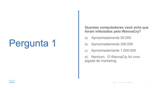 Pergunta 1
Quantos computadores você acha que
foram infectados pelo WannaCry?
a) Aproximadamente 50.000
b) Aproximadamente 200.000
c) Aproximadamente 1.000.000
d) Nenhum. O WannaCry foi uma
jogada de marketing.
©2017
 