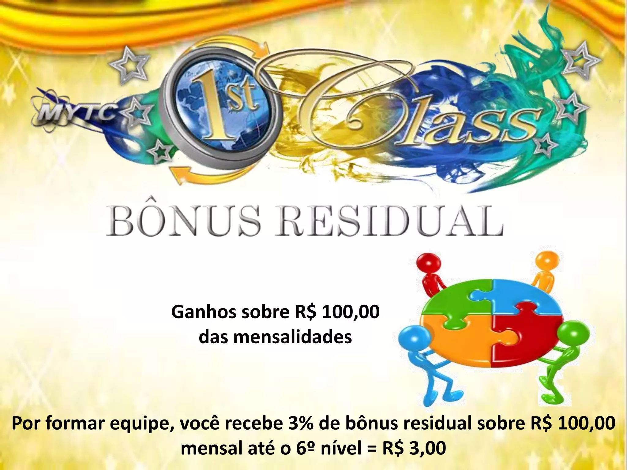 Por formar equipe, você recebe 3% de bônus residual sobre R$ 100,00
mensal até o 6º nível = R$ 3,00
Ganhos sobre R$ 100,00
das mensalidades
 