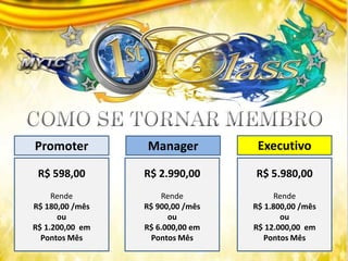 Manager ExecutivoPromoter
R$ 598,00
Rende
R$ 180,00 /mês
ou
R$ 1.200,00 em
Pontos Mês
R$ 2.990,00
Rende
R$ 900,00 /mês
ou
R$ 6.000,00 em
Pontos Mês
R$ 5.980,00
Rende
R$ 1.800,00 /mês
ou
R$ 12.000,00 em
Pontos Mês
 