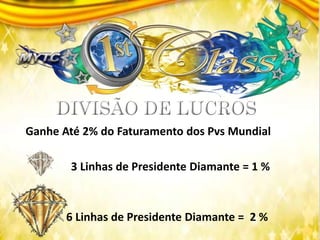 Ganhe Até 2% do Faturamento dos Pvs Mundial
3 Linhas de Presidente Diamante = 1 %
6 Linhas de Presidente Diamante = 2 %
 