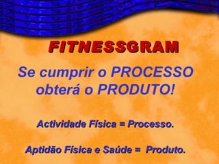 FITNESS GRAM
Se cumprir o PROCESSO
  obterá o PRODUTO!

  Actividade Física = Processo.

Aptidão Física e Saúde = Produto.
 