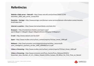 Referências 

         Website e Web server – Netcrad – hjp://news.netcrak.com/archives/2009/12/24/
         december_2009_web_server_survey.html 

         Domínios – Verisign – hjp://www.verisign.com/domain‐name‐services/domain‐informa]on‐center/industry‐
         brief/index.html 

         Internet e usuários – hjp://www.internetworldstats.com/stats.htm 

         Browsers – hjp://marketshare.hitslink.com/report.aspx?
         qprid=0&qpmr=15&qpdt=1&qpct=3&qp]meframe=M&qpsp=131&qpnp=1 

         E‐mail – hjp://www.radica].com/?p=3237 

         Spam – hjp://www.mcafee.com/us/local_content/reports/7315rpt_threat_1009.pdf 

         Malware – hjp://eval.symantec.com/mktginfo/enterprise/other_resources/b‐
         symc_intelligence_quarterly_oct‐dec_2009_20949850.en‐us.pdf 

         Vídeos e Streaming – hjp://www.mcafee.com/us/local_content/reports/7315rpt_threat_1009.pdf 

         Vídeos e Streaming – hjp://www.comscore.com/Press_Events/Press_Releases/2010/1/
         November_Sees_Number_of_U.S._Videos_Viewed_Online_Surpass_30_Billion_for_First_Time_on_Record 


Copyright © 2010 – Humantech – Todos os direitos reservados 
 www.humantech.com.br  
 