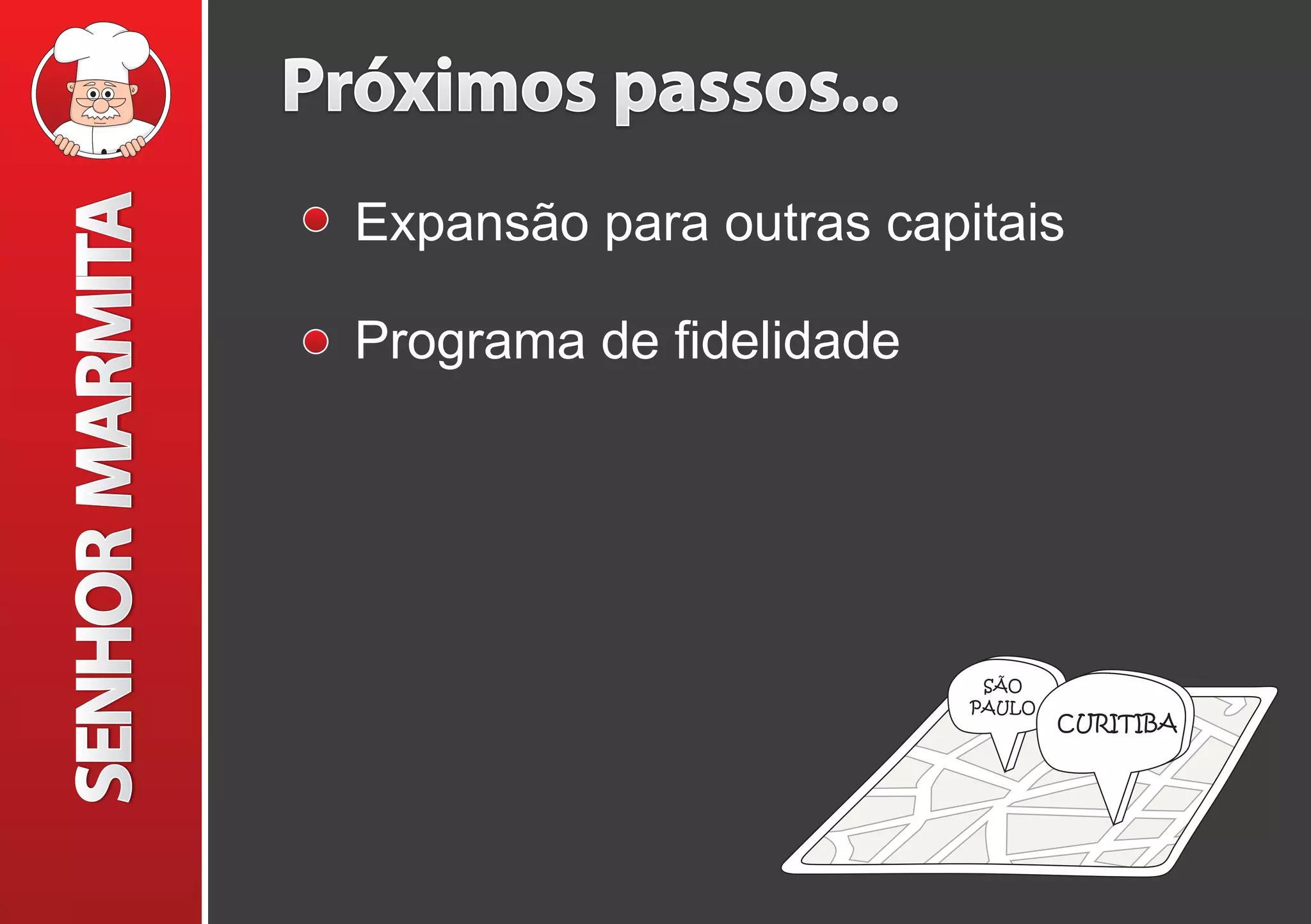 Próximos passos...
Expansão para outras capitais
Programa de fidelidade
SÃO
PAULO
CURITIBA