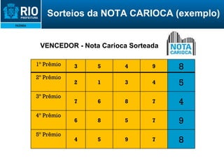 VENCEDOR - Nota Carioca Sorteada Sorteios da NOTA CARIOCA (exemplo) 1º Prêmio 3 5 4 9 8 2º Prêmio 2 1 3 4 5 3º Prêmio 7 6 8 7 4 4º Prêmio 6 8 5 7 9 5º Prêmio 4 5 9 7 8 
