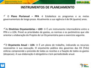 INSTRUMENTOS DE PLANEJAMENTO
 O Plano Plurianual – PPA → Estabelece os programas e as metas
governamentais de longo prazo. Atualmente a sua vigência é de 04 (quatro) anos.

As Diretrizes Orçamentárias – LDO → É um instrumento intermediário entre o
PPA e a LOA. Prevê as prioridades de gastos, as normas e os parâmetros que vão
orientar a elaboração do Projeto de Lei Orçamentária para o exercício seguinte.

O Orçamento Anual – LOA → É um plano de trabalho, indicando os recursos
necessários à sua execução. O orçamento público dos governos das 03 (Três)
esferas compreende a previsão de todas as receitas e a fixação de todos os gastos
(despesas). A sua elaboração é obrigatória e tem periodicidade anual.

 