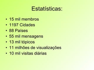 Estatísticas: 15 mil membros 1197 Cidades 88 Países 55 mil mensagens 13 mil tópicos 11 milhões de visualizações 10 mil visitas diárias 