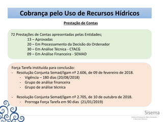 Cobrança pelo Uso de Recursos Hídricos
Prestação de Contas
72 Prestações de Contas apresentadas pelas Entidades;
13 – Aprovadas
20 – Em Processamento da Decisão do Ordenador
30 – Em Análise Técnica - CTACG
09 – Em Análise Financeira - SEMAD
Força Tarefa instituída para conclusão:
- Resolução Conjunta Semad/Igam nº 2.606, de 09 de fevereiro de 2018.
- Vigência – 180 dias (20/08/2018)
- Grupo de análise financeira
- Grupo de análise técnica
- Resolução Conjunta Semad/Igam nº 2.705, de 10 de outubro de 2018.
- Prorroga Força Tarefa em 90 dias (21/01/2019)
 