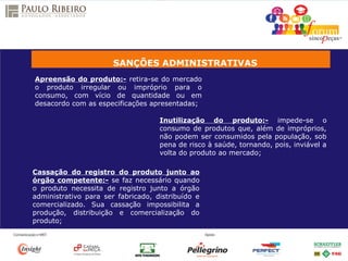 SANÇÕES ADMINISTRATIVAS
Apreensão do produto:- retira-se do mercado
o produto irregular ou impróprio para o
consumo, com vício de quantidade ou em
desacordo com as especificações apresentadas;
Inutilização do produto:- impede-se o
consumo de produtos que, além de impróprios,
não podem ser consumidos pela população, sob
pena de risco à saúde, tornando, pois, inviável a
volta do produto ao mercado;
Cassação do registro do produto junto ao
órgão competente:- se faz necessário quando
o produto necessita de registro junto a órgão
administrativo para ser fabricado, distribuído e
comercializado. Sua cassação impossibilita a
produção, distribuição e comercialização do
produto;
 
