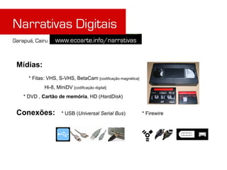 Mídias:
   * Fitas: VHS, S-VHS, BetaCam [codificação magnética]
          Hi-8, MiniDV [codificação digital]
 * DVD , Cartão de memória, HD (HardDisk)


Conexões:          * USB (Universal Serial Bus)           * Firewire
 