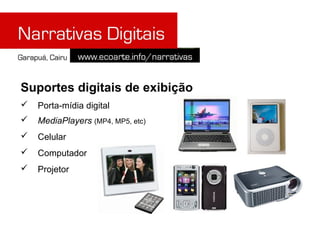 Suportes digitais de exibição
   Porta-mídia digital
   MediaPlayers (MP4, MP5, etc)
   Celular
   Computador
   Projetor
 