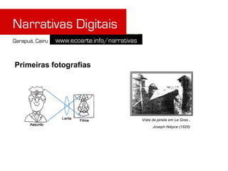 Primeiras fotografias




                        Vista da janela em Le Gras ,
                              Joseph Niépce (1826)
 