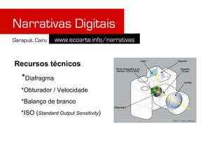 Recursos técnicos
 *Diafragma
 *Obturador / Velocidade
 *Balanço de branco
 *ISO (Standard Output Sensitivity)
 
