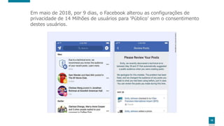 10
Em maio de 2018, por 9 dias, o Facebook alterou as configurações de
privacidade de 14 Milhões de usuários para ‘Público’ sem o consentimento
destes usuários.
 
