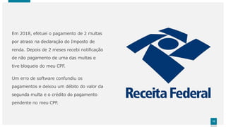 1313
Em 2018, efetuei o pagamento de 2 multas
por atraso na declaração do Imposto de
renda. Depois de 2 meses recebi notificação
de não pagamento de uma das multas e
tive bloqueio do meu CPF.
Um erro de software confundiu os
pagamentos e deixou um débito do valor da
segunda multa e o crédito do pagamento
pendente no meu CPF.
 