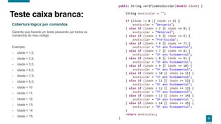 21
Cobertura lógica por comandos
Garante que haverá um teste passando por todos os
comandos do meu código.
Exemplo:
- idade = 1,5;
- idade = 3,5;
- idade = 5,5;
- idade = 6,5;
- Idade = 7,5;
- idade = 8,5;
- idade = 10
- idade = 11;
- idade = 12;
- idade = 13;
- Idade = 14
- idade = 15;
Teste caixa branca:
 
