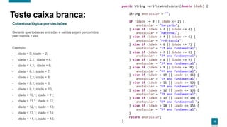 22
Cobertura lógica por decisões
Garante que todas as entradas e saídas sejam percorridas
pelo menos 1 vez.
Exemplo:
- idade = 0; idade = 2;
- idade = 2,1; idade = 4;
- idade = 4,1; idade = 6;
- idade = 6,1; idade = 7;
- idade = 7,1; idade = 8;
- idade = 8,1; idade = 9;
- idade = 9,1; idade = 10;
- idade = 10,1; idade = 11;
- idade = 11,1; idade = 12;
- idade = 12,1; idade = 13;
- idade = 13,1; idade = 14;
- Idade = 14,1; idade = 15;
Teste caixa branca:
 