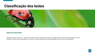 23
Classificação dos testes
Teste de Caixa Preta
Quando eu não sei como o software é desenvolvido. Não tenho acesso ao código fonte. Geralmente realizados a nível
de telas e APIs e são executados com base no conhecimento das entradas/saídas e fluxos de uma aplicação.
 