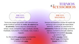 TERMOS
ACESSÓRIOS
Termo da oração que possui valor adverbial que
pode modificar sentido do verbo, do adjetivo ou
do advérbio. Temos adjuntos adverbiais de:
tempo, causa, companhia, lugar, condição, dúvida,
finalidade, instrumento, intensidade, meio, modo e
negação.
Ex.: Ela escolhia calmamente os presentes.
Gosto muito do hino nacional.
O homem saiu cedo.
ADJUNTO
ADVERBIAL
ADJUNTO
ADNOMINAL
Sempre acompanha o núcleo do sujeito da
sentença, tem a função de especializar,
delimitar, modificar ou caracterizar o
substantivo. Pode ser um artigo, pronome,
adjetivo, numeral ou locução adjetiva.
Ex.: Comprei uma pulseira de prata.
O cachorro fugiu.
Tenho grandes metas.
Recebi duas informações.
Aquele homem é alto.
 