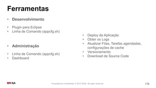 Ferramentas
• Desenvolvimento
•   Plugin para Eclipse
•   Linha de Comando (appcfg.sh)
                                                              •     Deploy da Aplicação
                                                              •     Obter os Logs
                                                              •     Atualizar Filas, Tarefas agendadas,
• Administração                                                     configurações de cache
                                                              •     Versionamento
•   Linha de Comando (appcfg.sh)
                                                              •     Download de Source Code
•   Dashboard




                           Proprietary & Confidential. © 2012 R/GA All rights reserved.                   / 13
 