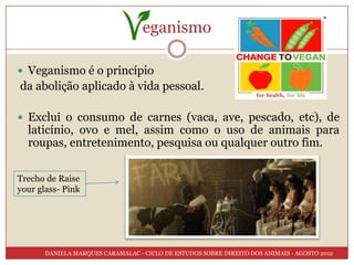 eganismo

 Veganismo é o princípio
da abolição aplicado à vida pessoal.

 Exclui o consumo de carnes (vaca, ave, pescado, etc), de
  laticínio, ovo e mel, assim como o uso de animais para
  roupas, entretenimento, pesquisa ou qualquer outro fim.

Trecho de Raise
your glass- Pink




       DANIELA MARQUES CARAMALAC - CICLO DE ESTUDOS SOBRE DIREITO DOS ANIMAIS - AGOSTO 2012
 