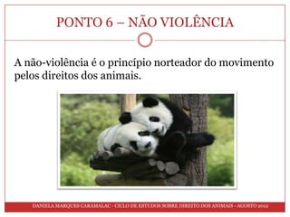 PONTO 6 – NÃO VIOLÊNCIA

A não-violência é o princípio norteador do movimento
pelos direitos dos animais.




   DANIELA MARQUES CARAMALAC - CICLO DE ESTUDOS SOBRE DIREITO DOS ANIMAIS - AGOSTO 2012
 