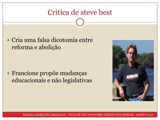 Critica de steve best


 Cria uma falsa dicotomia entre
 reforma e abolição



 Francione propõe mudanças
 educacionais e não legislativas




     DANIELA MARQUES CARAMALAC - CICLO DE ESTUDOS SOBRE DIREITO DOS ANIMAIS - AGOSTO 2012
 