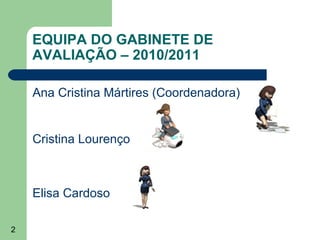 EQUIPA DO GABINETE DE
AVALIAÇÃO – 2010/2011
Ana Cristina Mártires (Coordenadora)

Cristina Lourenço

Elisa Cardoso
2

 