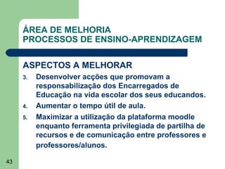 ÁREA DE MELHORIA
PROCESSOS DE ENSINO-APRENDIZAGEM
ASPECTOS A MELHORAR
3.

4.
5.

43

Desenvolver acções que promovam a
responsabilização dos Encarregados de
Educação na vida escolar dos seus educandos.
Aumentar o tempo útil de aula.
Maximizar a utilização da plataforma moodle
enquanto ferramenta privilegiada de partilha de
recursos e de comunicação entre professores e
professores/alunos.

 