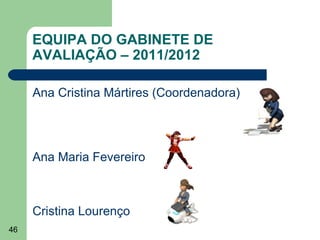 EQUIPA DO GABINETE DE
AVALIAÇÃO – 2011/2012
Ana Cristina Mártires (Coordenadora)

Ana Maria Fevereiro

Cristina Lourenço
46

 