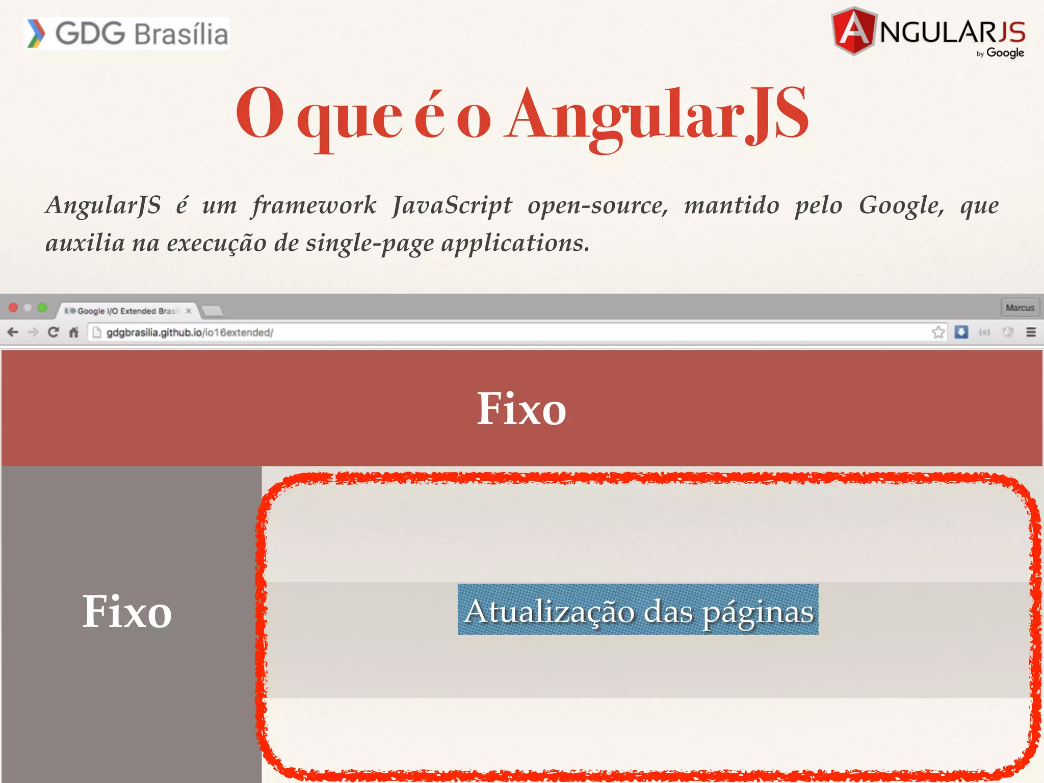 Fixo Fixo Atualização das páginas AngularJS é um framework JavaScript open-source, mantido pelo Google, que auxilia na execução de single-page applications. O que é o AngularJS 