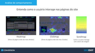 Análise de comportamento
Entenda como o usuário interage nas páginas do site
Heatmap
(Áreas da página onde são mais olhadas)
Clickmap
(Áreas da página onde são mais clicadas)
Scrollmap
Como o usuário interage
com a barra de rolagem
 
