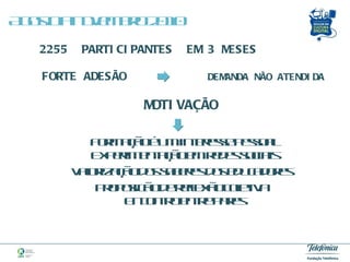2255  PARTICIPANTES  EM 3 MESES FORTE ADESÃO   DEMANDA NÃO ATENDIDA   MOTIVAÇÃO   Formação é um interesse pessoal  Experimentação em redes sociais Valorização dos saberes dos educadores Proposicão de reflexão coletiva Encontro entre pares Agosto a novembro 2010 