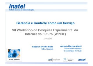 Gerência e Controle como um Serviço
VII Workshop de Pesquisa Experimental da
Internet do Futuro (WPEIF)
Antonio Marcos Alberti
Associate Professor
Coordinator ICT Lab
Junho/2016
Isabela Carvalho Motta
MSc. Student
 