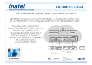 ESTUDO DE CASO
UM CENÁRIO REAL INSERIDO NO ECOSSISTEMA NOVAGENESIS
OBJETIVO: ORQUESTRAR O SENSORIAMENTO E A GERÊNCIA ESPECTRAL
DE WI-FI USANDO A PLATAFORMA DE CONTROLE DE RÁDIO SOBRE FIBRA;
CRIAR UMA APLICAÇÃO QUE
TRANSFERE DADOS ENTRE PONTOS
REMOTOS UTILIZANDO OS
RECURSOS DE WI-FI, FAZENDO A
TROCA DINÂMICA DE CANAIS E
CONTROLANDO O RÁDIO ATRAVÉS
DE SINAIS ÓPTICOS
(RÁDIO SOBRE FIBRA).
 