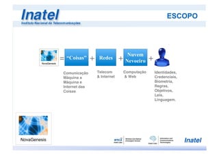 Redes
Nuvem
Nevoeiro= +
Telecom
& Internet
Computação
& Web
“Coisas” +
Comunicação
Máquina a
Máquina e
Internet das
Coisas
+
Identidades,
Credenciais,
Biometria,
Regras,
Objetivos,
Leis,
Linguagem.
ESCOPO
 