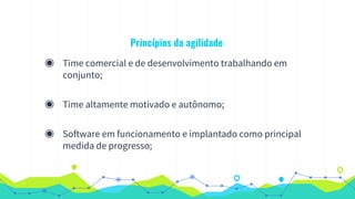 Princípios da agilidade
◉ Time comercial e de desenvolvimento trabalhando em
conjunto;
◉ Time altamente motivado e autônomo;
◉ Software em funcionamento e implantado como principal
medida de progresso;
 