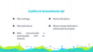 A política do desenvolvimento ágil
◉ Mais entrega;
◉ Mais tolerância;
◉ Mais comunicação e
participação com os
clientes.
◉ Menos disciplina;
◉ Menos tempo dedicado à
elaboração do projeto.
 
