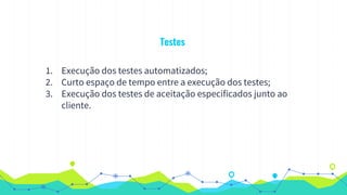 Testes
1. Execução dos testes automatizados;
2. Curto espaço de tempo entre a execução dos testes;
3. Execução dos testes de aceitação especificados junto ao
cliente.
 