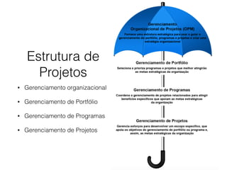 Estrutura de
Projetos
• Gerenciamento organizacional
• Gerenciamento de Portfólio
• Gerenciamento de Programas
• Gerenciamento de Projetos
 