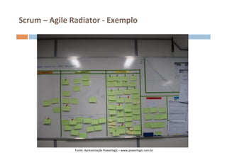 Scrum	
  –	
  Agile	
  Radiator	
  -­‐	
  Exemplo	
  




                        Fonte:	
  Apresentação	
  Powerlogic	
  –	
  www.powerlogic.com.br	
  
 