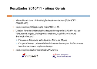 Resultados 2010/11 – Minas Gerais


 ¨    Minas	
  Gerais	
  tem	
  1	
  II-­‐InsOtuição	
  Implementadora	
  (FUMSOFT-­‐
       CCOMP.MG)	
  	
  
 ¨    Número	
  de	
  cerOﬁcações	
  até	
  maio/2011	
  =	
  45	
  
 ¨    Cidades	
  fora	
  da	
  RMBH	
  alcançadas	
  pelo	
  Programa	
  MPS.BR=	
  Juiz	
  de	
  
       Fora,Itauna,	
  Viçosa,Divinópolis,Santa	
  Rita,Itajubá,Lavras,Ouro	
  
       Branco,Barbacena)	
  	
  
       ¤  Plano	
  para	
  Triângulo,	
  Vale	
  do	
  Aço	
  e	
  Norte	
  de	
  Minas	
  

       ¤  Cooperação	
  com	
  Universidades	
  do	
  interior-­‐Curso	
  para	
  Professores	
  se	
  
           transformarem	
  em	
  Implementadores	
  
 ¨    Número	
  de	
  consultores	
  do	
  CCOMP.MG=16	
  
 