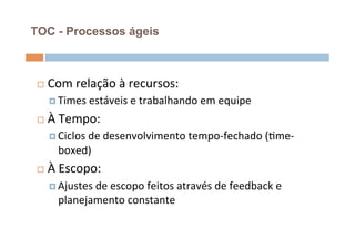 TOC - Processos ágeis



 ¨    Com	
  relação	
  à	
  recursos:	
  
       ¤  Times	
  estáveis	
  e	
  trabalhando	
  em	
  equipe	
  

 ¨    À	
  Tempo:	
  
       ¤  Ciclos	
  de	
  desenvolvimento	
  tempo-­‐fechado	
  (Ome-­‐
         boxed)	
  
 ¨    À	
  Escopo:	
  
       ¤  Ajustes	
  de	
  escopo	
  feitos	
  através	
  de	
  feedback	
  e	
  
         planejamento	
  constante	
  
 