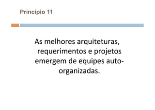 Princípio 11




     As	
  melhores	
  arquiteturas,	
  
      requerimentos	
  e	
  projetos	
  
     emergem	
  de	
  equipes	
  auto-­‐
               organizadas.	
  	
  
 