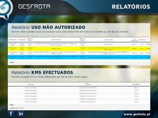 www.gesfrota.pt
Permite saber quando é que um Condutor usou uma Viatura fora do horário de trabalho ou em dias de ausência
Permite visualizar Km ou Horas efectuados por dia de uma Viatura espec
Relatório USO NÃO AUTORIZADO
Relatório KMS EFECTUADOS
RELATÓRIOS
 