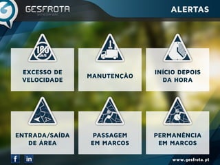 www.gesfrota.pt
EXCESSO DE
VELOCIDADE
ENTRADA/SAÍDA
DE ÁREA
MANUTENÇÃO
PASSAGEM
EM MARCOS
INÍCIO DEPOIS
DA HORA
PERMANÊNCIA
EM MARCOS
ALERTAS
 