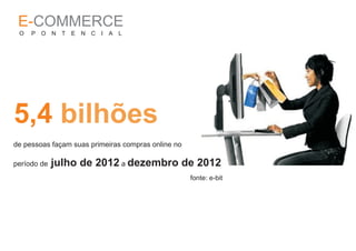 E-COMMERCE
 O   P O N T E N C I A L




5,4 bilhões
de pessoas façam suas primeiras compras online no

período de   julho de 2012 a dezembro de 2012
                                                    fonte: e-bit
 